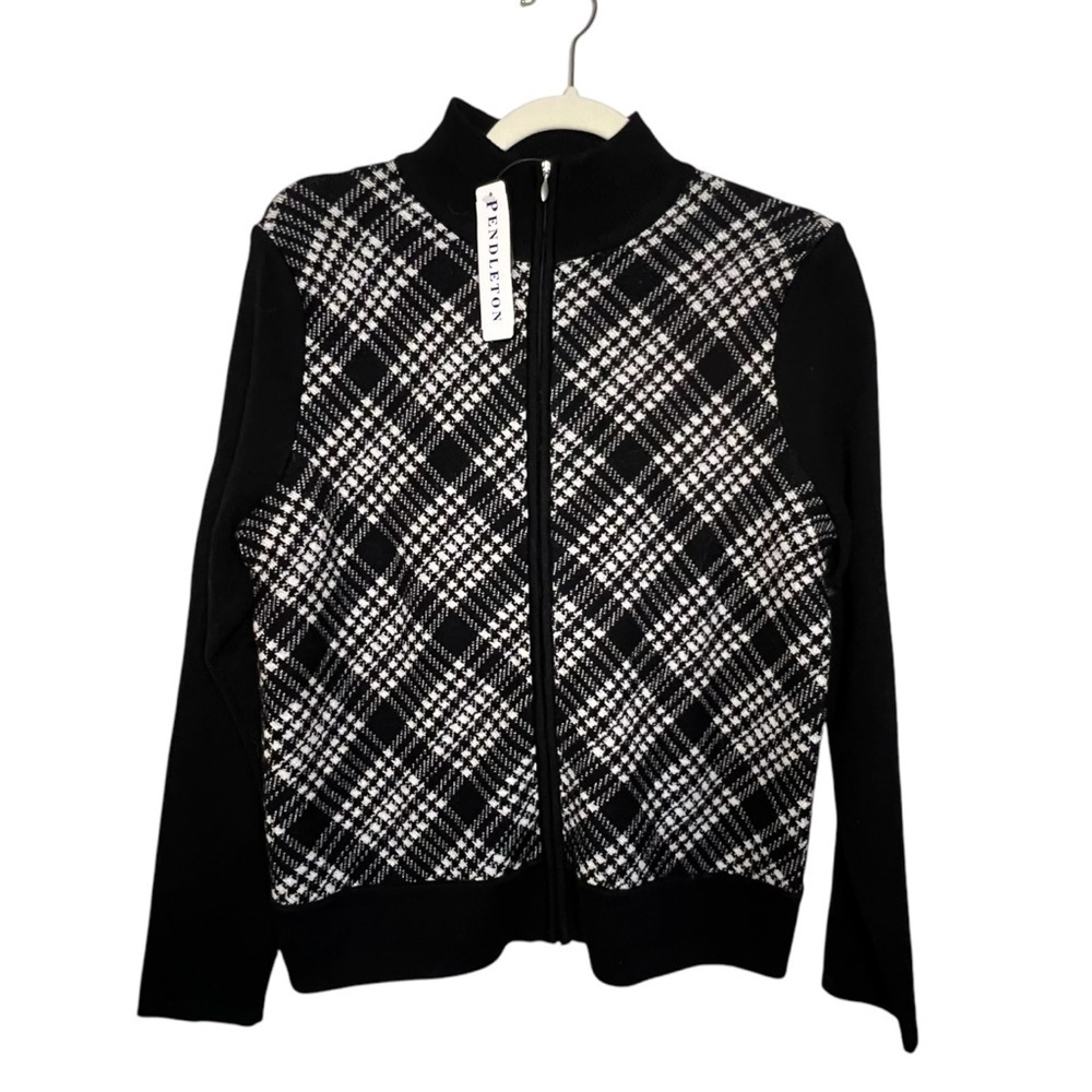 Pendleton 100% Merino Wool Zip Front Plaid Cardigan Black & White Size Small